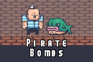 Un personaj pixelat cu pălărie de marinar și o balenă verde pe un fundal de cărămidă, cu textul Pirate Bombs dedesubt
