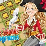 Femeie în costumul de pirat cu un papagal pe mână în fața unui puzzle cu monede aurii și un titlu decorativ