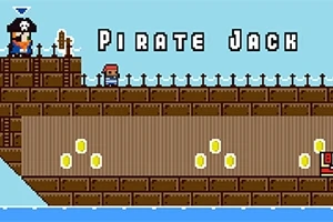 Un personaj în stil pixelat se află pe o corabie de pirați cu monede aurii și textul Pirate Jack