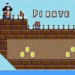 Un personaj în stil pixelat se află pe o corabie de pirați cu monede aurii și textul Pirate Jack