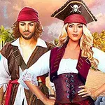 Doi pirați îmbrăcați în costume tradiționale, un bărbat și o femeie, stau pe o plajă tropicală cu palmieri și cer senin în fundal
