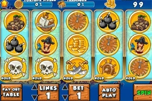 Grafică colorată cu cinci role de slot machine care afișează simboluri precum bombe, coroane, monede, cranii și cârmă de corabie