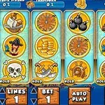 Grafică colorată cu cinci role de slot machine care afișează simboluri precum bombe, coroane, monede, cranii și cârmă de corabie