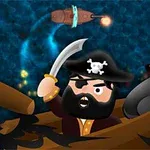 Pirat cu barbă și bandană neagră cu simbol craniu, ținând o sabie, într-o barcă cu tunuri, pe un fundal de ocean albastru închis
