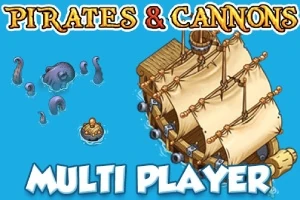 Vas de pirat cu pânze și tunuri pe un fundal albastru, înconjurat de tentacule de caracatiță și un butoi plutitor, cu textul Pirates & Cannons și Multi Player