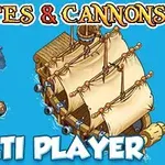 Vas de pirat cu pânze și tunuri pe un fundal albastru, înconjurat de tentacule de caracatiță și un butoi plutitor, cu textul Pirates & Cannons și Multi Player