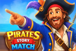 Pirate vesel în haine albastre indică spre stânga, lângă sigla „Pirates Story Match pe fundal marin