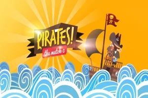 Pirat pe o corabie în mijlocul valurilor albastre, pe un fundal auriu cu raze de soare și textul PIRATES!