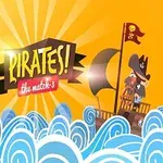 Pirat pe o corabie în mijlocul valurilor albastre, pe un fundal auriu cu raze de soare și textul PIRATES!