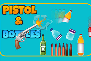 Pistol ilustrat care trage spre sticle și gloanțe pe fundal turcoaz