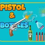 Pistol ilustrat care trage spre sticle și gloanțe pe fundal turcoaz