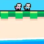 Două personaje pixelate stau pe o platformă verde deasupra mării albastre, pe fundal cer senin