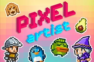 Litere colorate ce formează cuvintele PIXEL artist cu personaje și obiecte pixel art, inclusiv un câine, un cavaler, un pinguin, un avocado, o rață și un vrăjitor, pe un fundal în degrade