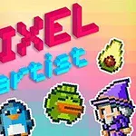 Litere colorate ce formează cuvintele PIXEL artist cu personaje și obiecte pixel art, inclusiv un câine, un cavaler, un pinguin, un avocado, o rață și un vrăjitor, pe un fundal în degrade