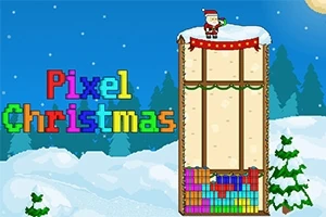 Imaginea prezintă un peisaj de iarnă pixelat cu un Moș Crăciun pe un turn de zăpadă și textul colorat Pixel Christmas