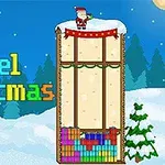 Imaginea prezintă un peisaj de iarnă pixelat cu un Moș Crăciun pe un turn de zăpadă și textul colorat Pixel Christmas