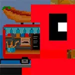 Personaj pixelat roșu în fața unui stand de hot dog pe fundal