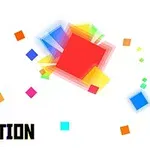 Pătrate colorate și transparente în mișcare pe fundal alb, cu text Pixel Reaction în colțul din stânga jos
