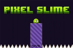 Text verde PIXEL SLIME deasupra unei creaturi verzi pe un bloc mov, înconjurat de țepi albi