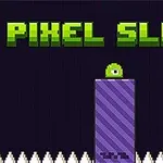 Text verde PIXEL SLIME deasupra unei creaturi verzi pe un bloc mov, înconjurat de țepi albi
