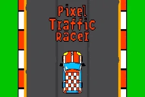 Mașină pixelată albastră cu motive roșii și albe pe o pistă de curse verticală, cu textul Pixel Traffic Racer deasupra