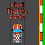 Mașină pixelată albastră cu motive roșii și albe pe o pistă de curse verticală, cu textul Pixel Traffic Racer deasupra