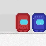 Două personaje pixelate în culorile roșu și albastru, stând alături pe un fundal gri simplu