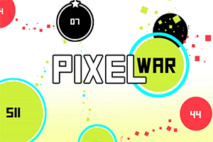Cercuri colorate cu numere și cuvintele PIXEL WAR în centru pe un fundal alb cu pătrate mici în diverse culori