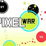 Cercuri colorate cu numere și cuvintele PIXEL WAR în centru pe un fundal alb cu pătrate mici în diverse culori