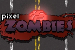 Textul Pixel Zombies apare pe o șosea cu linii galbene, însoțit de un fundal roșu pixelat