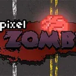 Textul Pixel Zombies apare pe o șosea cu linii galbene, însoțit de un fundal roșu pixelat