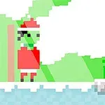 Personaj pixelat îmbrăcat în costum roșu de Moș Crăciun, stând lângă o platformă cu zăpadă, pe fundal alb și verde
