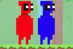 Două personaje pixelate, unul roșu și unul albastru, stau unul lângă altul pe un fundal verde