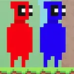 Două personaje pixelate, unul roșu și unul albastru, stau unul lângă altul pe un fundal verde