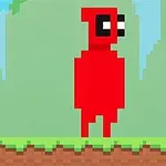 Personaj pixelat roșu pe un fundal de pădure cu iarbă verde