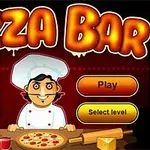 Bucătar animat într-o pizzărie cu un meniu de joc afișat pe fundal