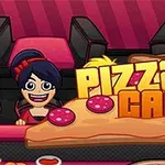 Personaje animate la un restaurant cu o felie mare de pizza și textul Pizza Cafe