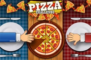 Două mâini întinse către o pizza feliată, așezată pe o masă cu fețe de masă colorate în albastru și roșu