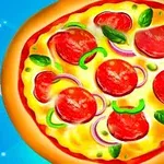 Pizza cu pepperoni, ceapă roșie, ardei verzi și frunze de busuioc pe un aluat auriu, pe fundal albastru