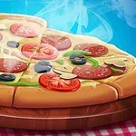O pizza aburindă cu felii de roșii, măsline, salam și ciuperci, așezată pe un platou de lemn