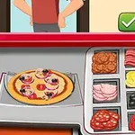 Persoană așteptând o pizza necoaptă cu diverse ingrediente pe un blat de pregătire și semne de validare și anulare deasupra