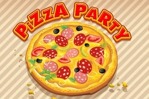 Pizza cu diverse ingrediente, inclusiv salam, măsline și roșii, cu textul Pizza Party deasupra