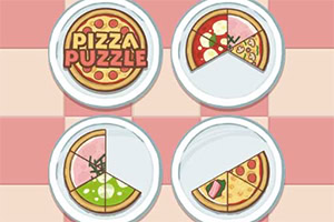 Patru farfurii cu pizza feliate, fiecare conținând o parte lipsă, pe un fundal cu model de tablă de șah în nuanțe roz și alb