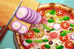 Pizza garnisită cu legume și ierburi proaspete, alături de un tocător cu ceapă feliată și un cuțit