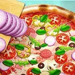 Pizza garnisită cu legume și ierburi proaspete, alături de un tocător cu ceapă feliată și un cuțit