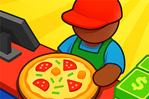 O persoană cu șapcă roșie și șorț verde ține o pizza într-un mediu colorat, cu un aparat de casă și bani alături