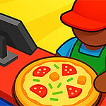 O persoană cu șapcă roșie și șorț verde ține o pizza într-un mediu colorat, cu un aparat de casă și bani alături