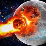 Impactul unui meteorit exploziv pe suprafața unei luni într-un spațiu cosmic plin de stele