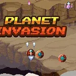 Textul „Planet Invasion” pe un fundal de peisaj stâncos, cu nave spațiale mici zburând dedesubt