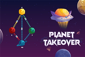 Planete colorate conectate prin linii triunghiulare, un OZN în dreapta sus și titlul Planet Takeover pe un fundal spațial